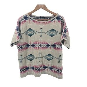Chaps Sweater Womens 2X Beige Pink Blue Southwestern Short Sleeve Cotton Linen